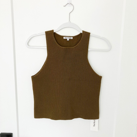 Reformation Olive Green Ribbed Cropped Tank Top - M - Picture 1 of 7